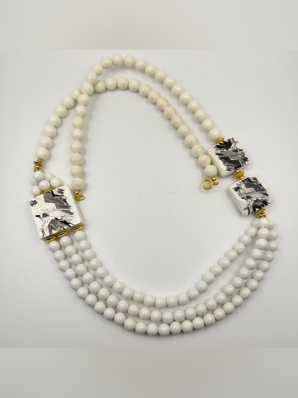 Vintage Japan Black White Porcelain Tile Beads Chunky Statement Necklace